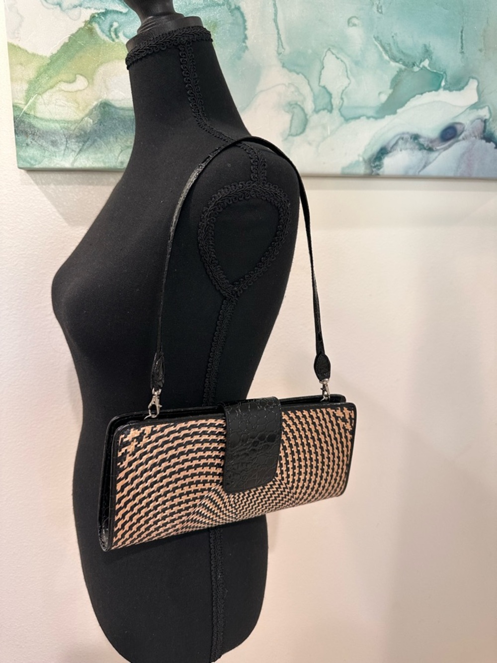 Le Sac Black and Tan Woven Shoulder Clutch with Textured Tab